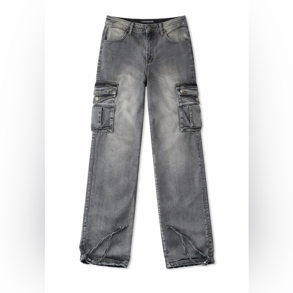 Flamingo Gray Cargo Jeans Womens Medium Straight Leg Utility Pockets